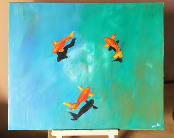 Three goldfish in a basin-Modern impressionist painting-Original painting-Hand painted with a knife 46X38 cm