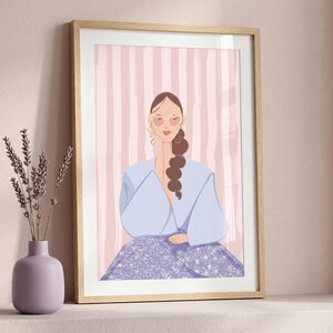 Corazón de Algodón Art Print, Talavera Style Floral Skirt Poster, Long Braid Woman Illustration, Blue and Purple Pastel Wall Decor