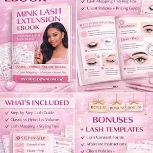 Peut inclure: Ebook rose intitulé "Mink Lash Extension Ebook" avec une femme sur la couverture. L'ebook comprend un guide technique pour débutants, le mappage des cils et des conseils commerciaux. Contenu supplémentaire : guides étape par étape et modèles de cils.