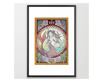 Mermaid - Original Watercolor Painting with Marker Details - Art Print