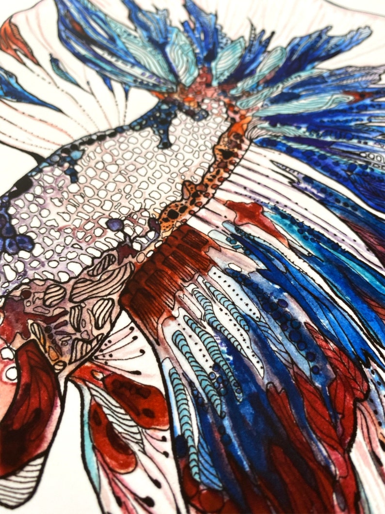 Betta Fish Original Watercolor Painting With Marker Art Details Giclee Art Print Etsy