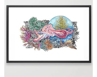Ocean-Original Watercolor Painting with Marker Details- Art Print