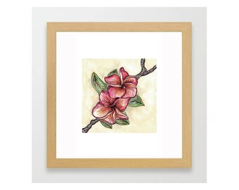 Plumeria Flower - Original Watercolor Painting with Marker Art Details -Art Print