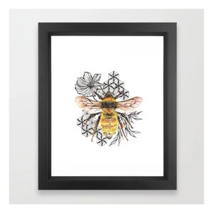 Bee with Floral-Art Print-Original Watercolor and Marker Art-Bee Art