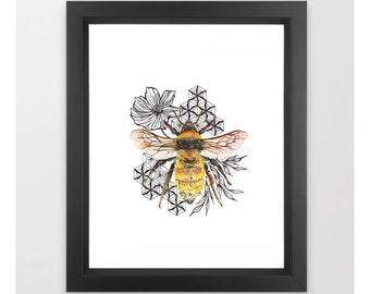 Bee with Floral-Art Print-Original Watercolor and Marker Art-Bee Art