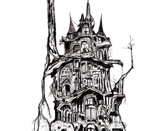 Creepy Castle Ink Drawing, Dark Art Print