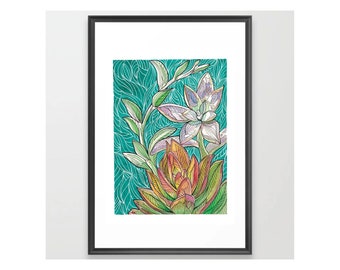 Succulents - Original Watercolor Painting with Marker Details - Giclee Art Print