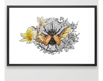 Thai Beetle with Plumeria-Original Watercolor and Marker Art Painting- Art Print