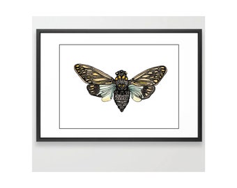 Cicada - Original Watercolor Painting with Marker Art Details - Art Print