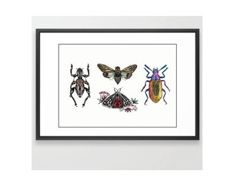 Group of Insects - Original Watercolor Painting with Marker Art Details -Art Print