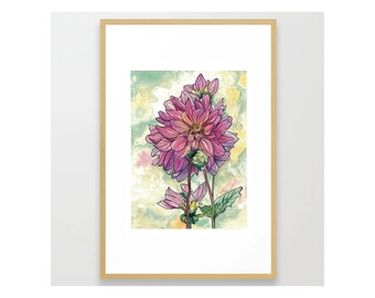 Dahlia - Original Watercolor Painting with Marker Details -  Art Print