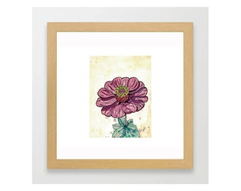 Zinnia Flower - Original Watercolor Painting with Marker Details - Art Print