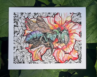 Blue Bee- Original Watercolor Painting-Ink Details-Art Print-Nature Art