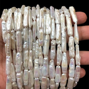 Biwa White Stick Freshwater Pearl with Very High Luster, Toothpick Pearl, Full Strand 16 inches, 30mm AAA Natural Biwa Freshwater Pearls