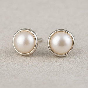 Natural Freshwater Pearl Stud Earrings, AA+ Grade 8mm Round White Pearls in 925 Sterling Silver, Gift for Women