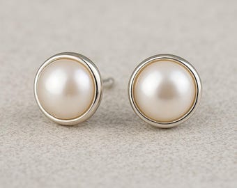 Natural Freshwater Pearl Stud Earrings, AA+ Grade 8mm Round White Pearls in 925 Sterling Silver, Gift for Women