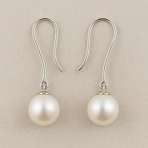 Natural Freshwater Pearl Dangle Earrings, AA+ Grade 10mm Round White Pearls, Sphere Drop Earrings Pair, Handmade Bridal Gift