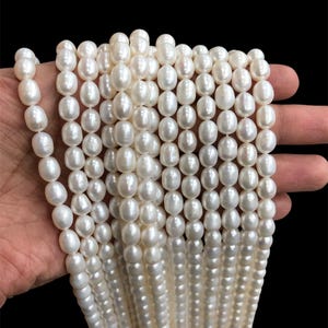 AA+ Natural Freshwater Rice Pearls, 16 Inch Strand White Loose Beads for Jewelry Making, High Quality Rice Shape Pearl Beads