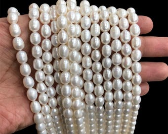 AA+ Natural Freshwater Rice Pearls, 16 Inch Strand White Loose Beads for Jewelry Making, High Quality Rice Shape Pearl Beads