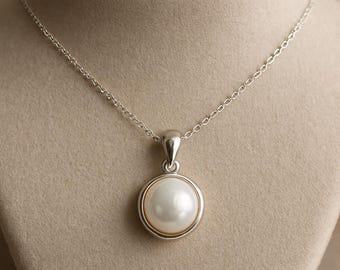 Natural Freshwater Pearl Pendant, 12mm Round White Pearl in 925 Sterling Silver, June Birthstone Gift for Her, Anniversary, Engagement