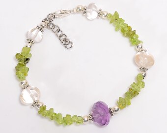 Handmade Natural Amethyst Peridot Gemstone Rondelle Shape Bracelet, Ethnic Style, Unique Valentine's Day Gift for Her