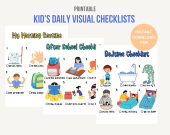 May include: Printable visual checklists for children with illustrations of daily routines: morning, after school, and bedtime. The checklists include tasks like brushing teeth, packing a backpack, reading a book, having a bath, and going to sleep.