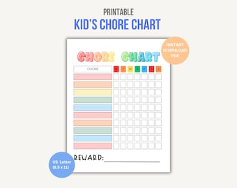 May include: Printable chore chart with a colorful design. The chart has spaces to write in chores and check off days of the week. It also has a space to write in a reward.