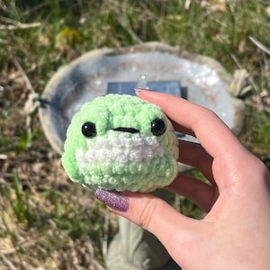 May include: A small green crocheted frog plushie with white yarn accents for the mouth and eyes. The frog is being held in a hand with glittery nail polish.