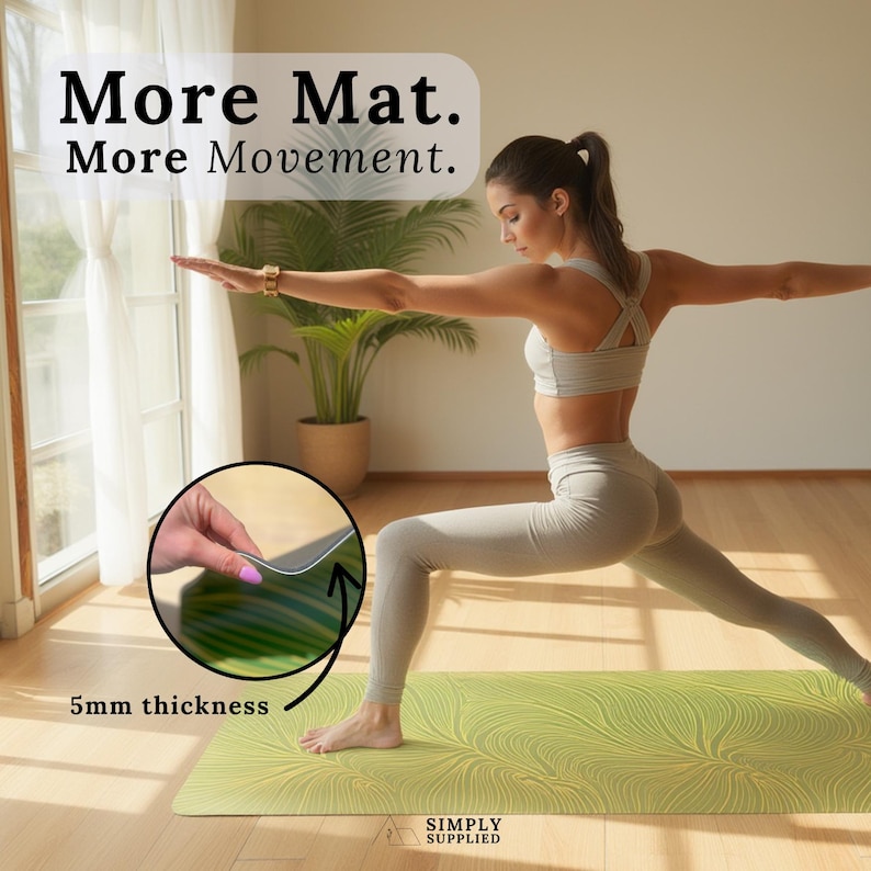 May include: A woman in a yoga pose on a green yoga mat with a swirling pattern. The mat is 5mm thick. Text on the mat reads "More Mat. More Movement." The mat is in a well-lit room with a plant in the background.