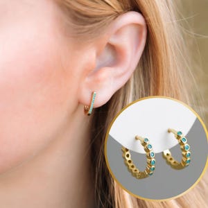 Gold Huggie Hoop Earrings with Turquoise: Dainty Hypoallergenic Design