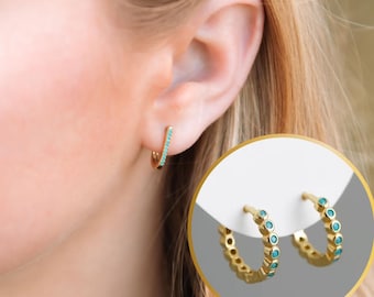 Gold Huggie Hoop Earrings: Dainty Turquoise Hypoallergenic Design