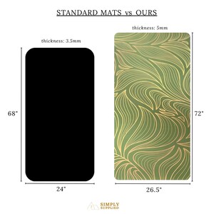 May include: Comparison of two rectangular mats. The black mat is 68 inches tall, 24 inches wide, and 3.5mm thick. The other mat is green with a gold wave pattern, 72 inches tall, 26.5 inches wide, and 5mm thick. Text at the top reads "STANDARD MATS vs OURS."