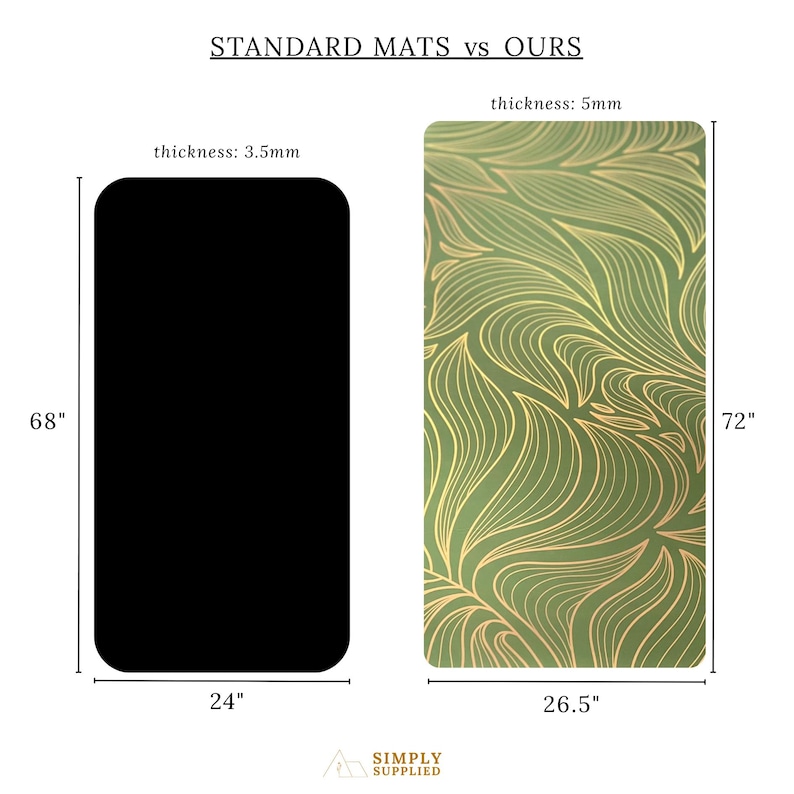 May include: Comparison of two rectangular mats. The black mat is 68 inches tall, 24 inches wide, and 3.5mm thick. The other mat is green with a gold wave pattern, 72 inches tall, 26.5 inches wide, and 5mm thick. Text at the top reads "STANDARD MATS vs OURS."
