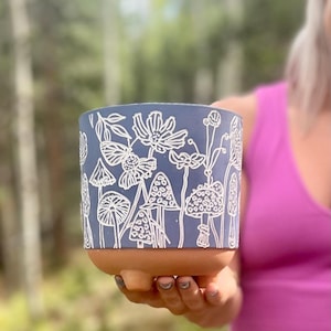 Terracotta Mushroom Planter | Boho Clay Flower Pot w/ Drainage | Engraved Cute Design | Flower Garden, Butterfly, Bees Artisan | Best Gift