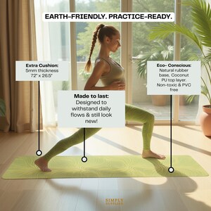 May include: A light green yoga mat with a textured surface. The mat is 72 inches long and 26.5 inches wide, with a 5mm thickness. The mat is made with a natural rubber base and a coconut PU top layer. The text on the image says "Earth-Friendly. Practice-Ready."