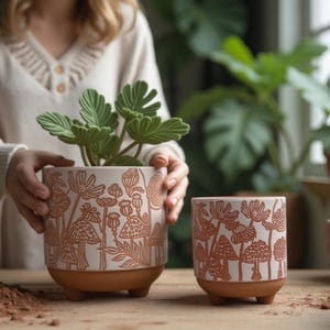 Terracotta Mushroom Planter | Boho Clay Flower Pot w/ Drainage | Engraved Cute Design | Flower Garden, Butterfly, Bees FALL DECOR| Best Gift
