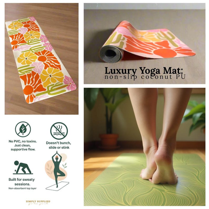 May include: A yoga mat with a floral design in orange, yellow, and pink. The mat is shown rolled up and laid out, with text that reads "Luxury Yoga Mat: non-slip coconut PU". Additional icons indicate the mat is non-toxic and non-slip.