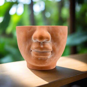 May include: A terracotta planter shaped like a face with a closed mouth and a prominent nose. The planter is sitting on a wooden surface.