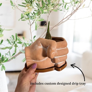 Terracotta Hand Pot | 6" Natural Clay Plant Pot | Minimalist, Nordic, Modern Art | Funny Houseplant Gift | Fist Cactus