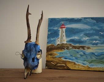 Ocean Roe Deer Painted Skull European Roe deer Antler real animal skull Vikings Home decor Painted Skull carving | Holiday decor