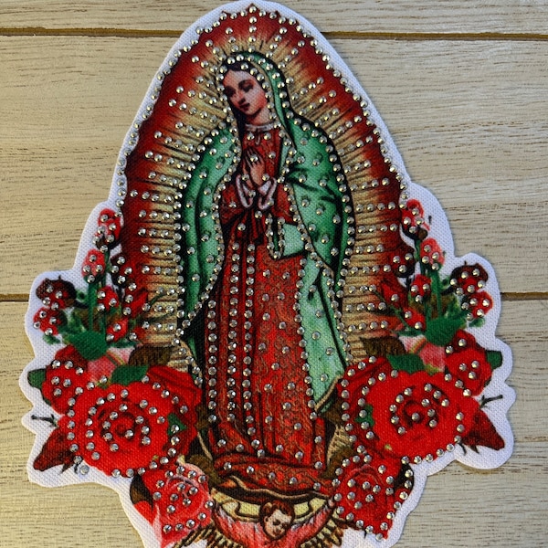 Virgin Guadalupe Virgin Mary Material Stud Rhinestone Iron on Hotfix Transfer Bling DIY Magazine Inspired Ready  to press or iron on or sew