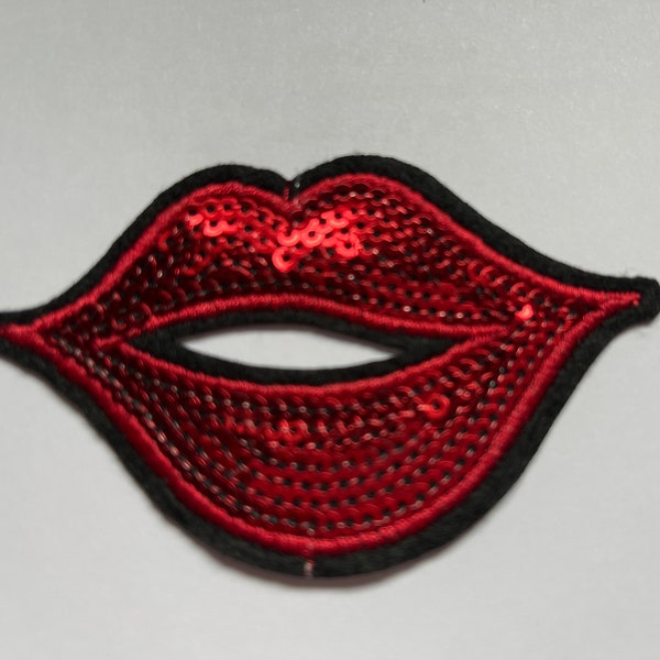 Red Lip Patch Sequin Iron On, Embroidered Applique, Patch, Supplies Decorative Embroidery Sew on