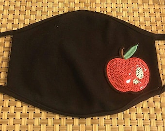 Red Apple Teacher Educator Sequin Protection Mask Face Cotton Dust Covering Washable and Reusable Unisex Double Layer School Made in USA