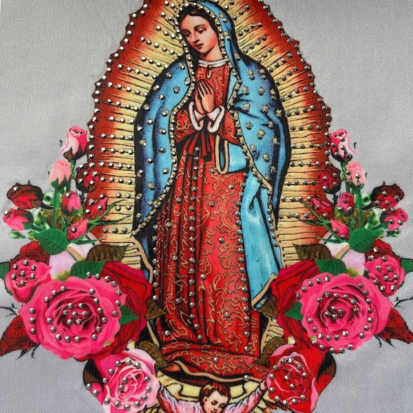 Virgin Guadalupe Virgin Mary Material Stud Rhinestone Iron on Hotfix Transfer Bling DIY Magazine Inspired Ready  to press or iron on or sew