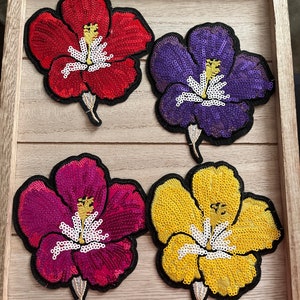 Hibiscus Flower Patch Iron On, Hawaiian Flower Sequin Applique, Patch, Supplies Sew On or Iron On Costume Decorative Embroidery