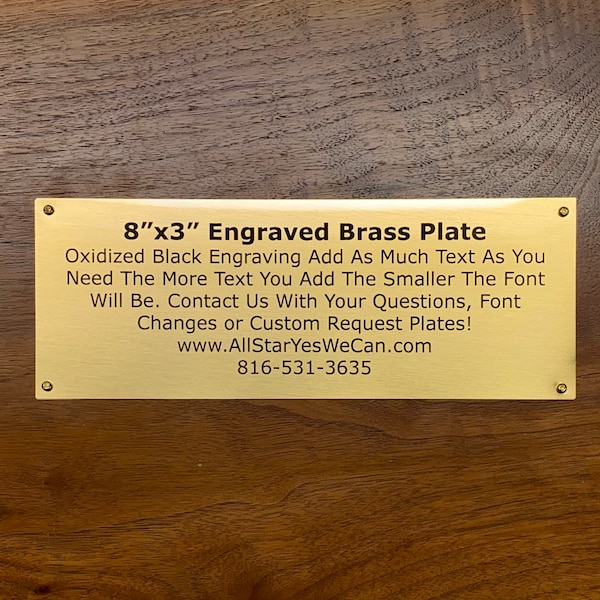 3"x8" Brass Metal Plate with Screws, Commemorative Plate, Picture Frame Tag, Memorial Plate, Nameplate, Laser Engraved Plates, Custom Gold