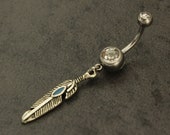 Feather Belly Ring. Silver Navel Piercing. Bohemian Belly Button Rings. Feather Jewelry. Boho Belly Barbell Piercing Native American Jewelry