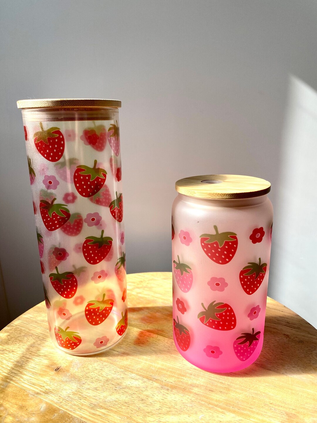 Strawberry Daisy Glass Cup: Iced Coffee Libbey Can With Bamboo Lid - Etsy