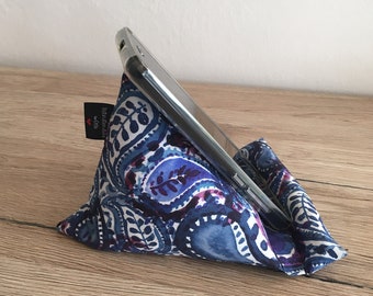 Cell phone pillow, cell phone beanbag, cell phone holder, cell phone support, abstract purple blue leaves washable