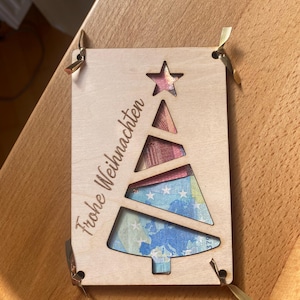 Weihnachtskarte aus Holz, Geldgeschenk, Laser, frohe Weihnachten, besondere Idee, Karte Tannenbaum Geschenkverpackung, Grußkarte 9 x 13,7 cm